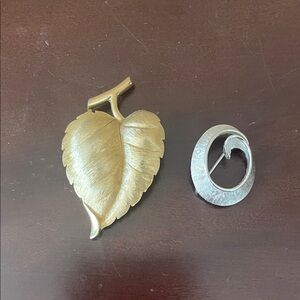Trifari Gold Leaf Brooch & Trifari Silver Circle Pin